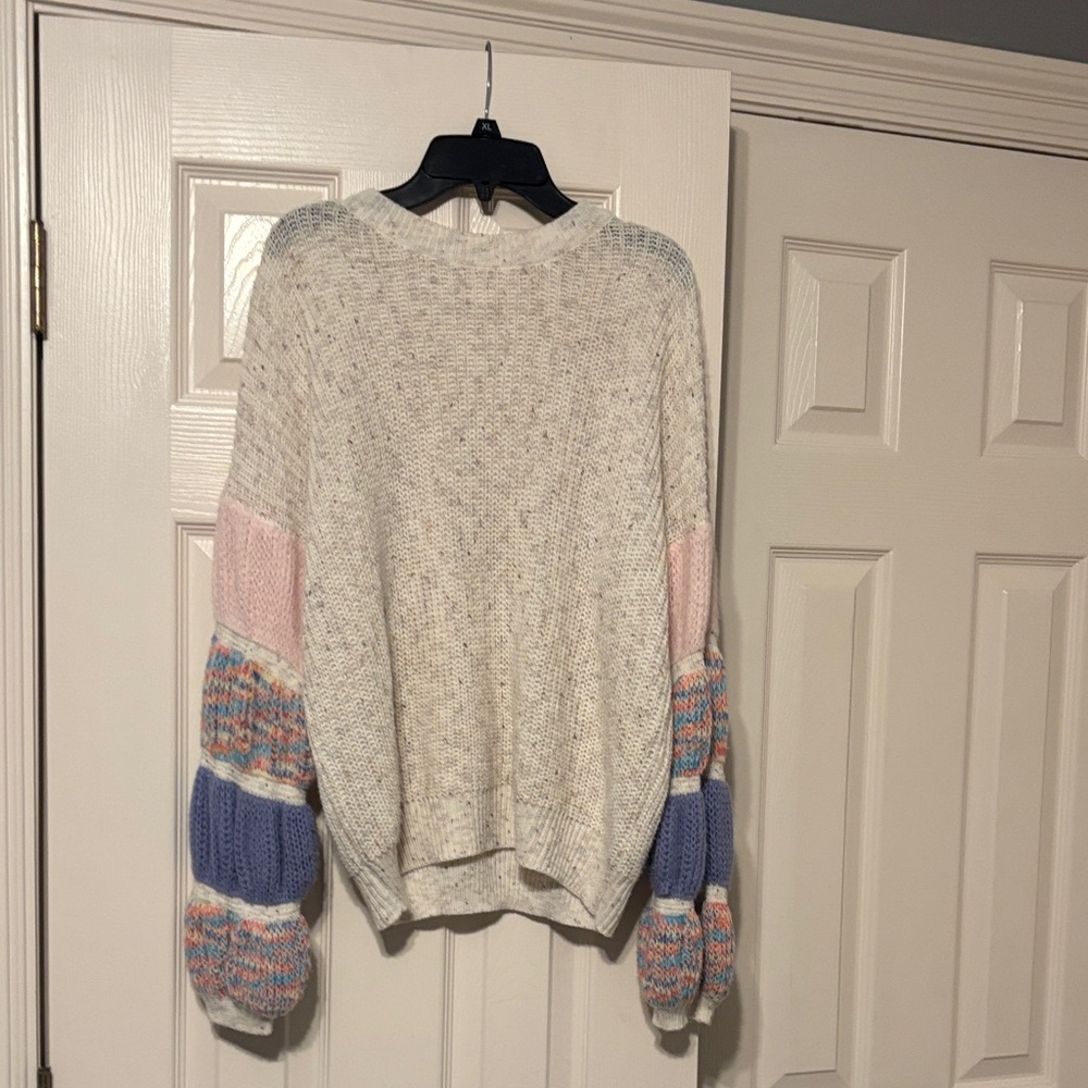 Lovely Melody Cream Knit Sweater with Pastel Pink and Periwinkle Sleeves